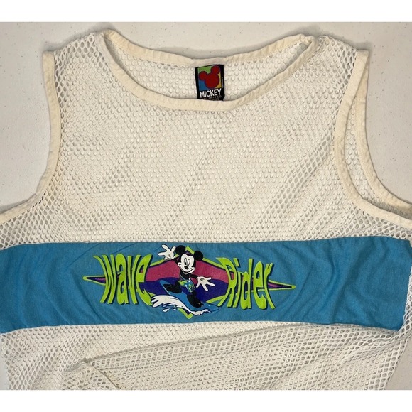 Disney Vintage 90s Mickey MouseWave Runner Top Cover Up White Mesh Surfer Surf